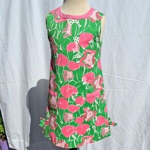 Floral Lilly Sleeveless Dress, Green W Pink Flowers, Back Zip, Cotton, Sz 6